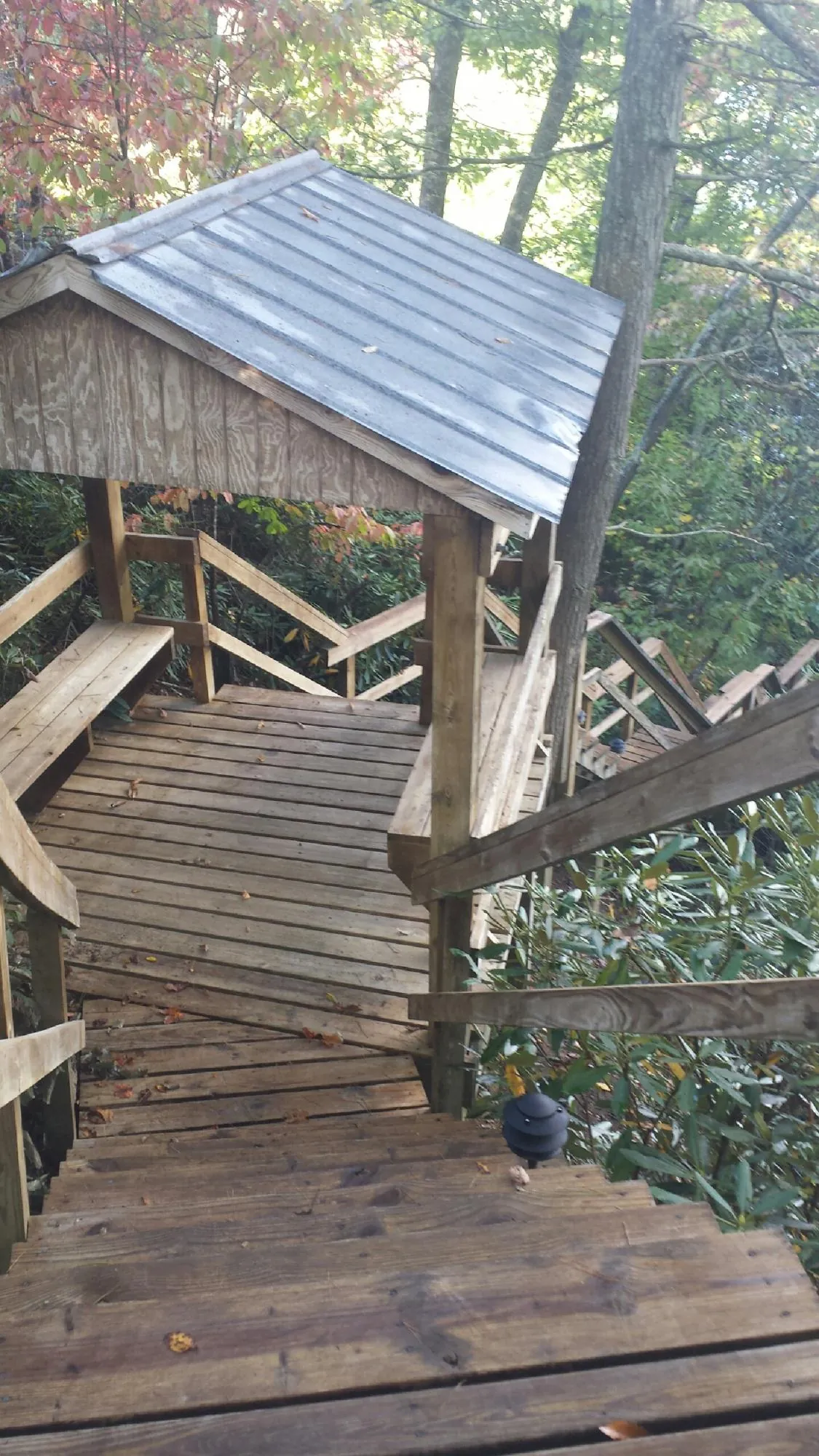 Metal roofed shelter over wooden steps on a wooded walkway — Skylight Repair & Installation work by our crew in Ansonville